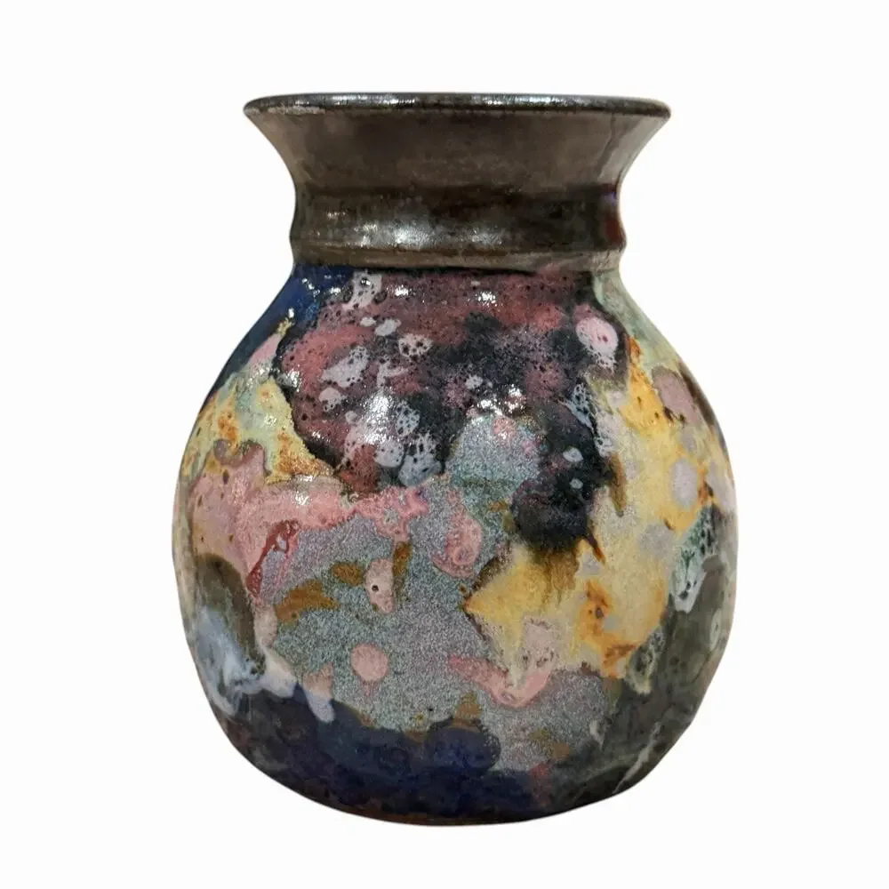 Studio Art Pottery Vase Colorful Textured Stoneware Signed Swirl Glaze 5
